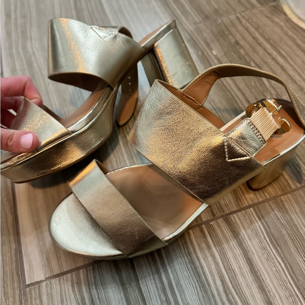 AEROSOLES Metallic Gold Platform Block Heel Sandals